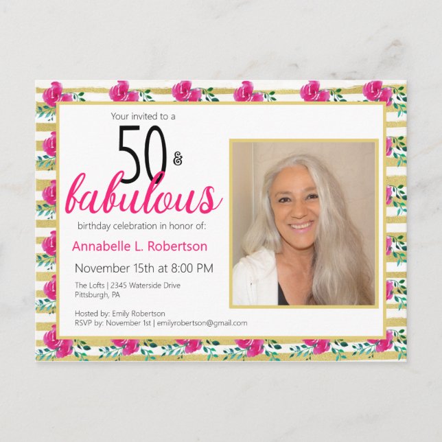 50 & Fabulous Birthday Gold Pink Floral Einladungspostkarte (Vorderseite)