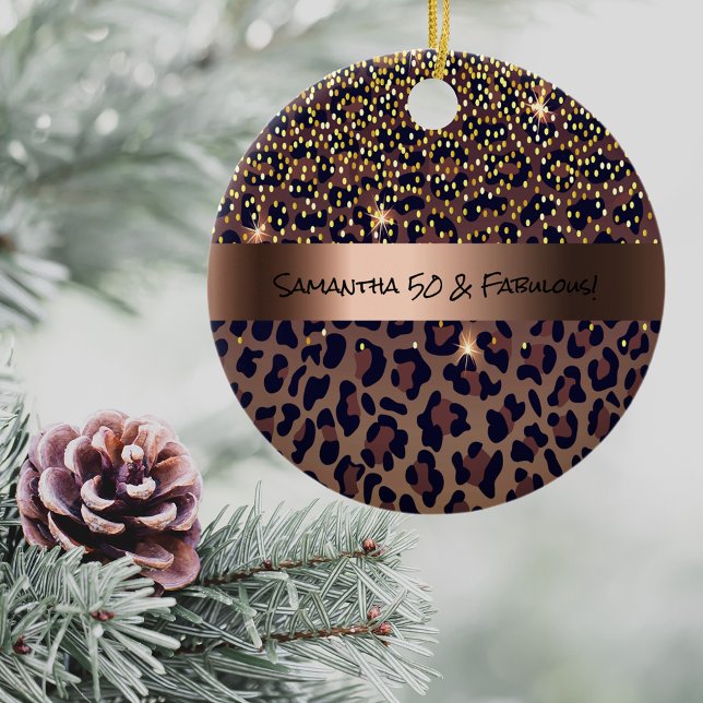 50 & Fabulous Birthday Party Leopard Muster Glasur Keramik Ornament (Von Creator hochgeladen)