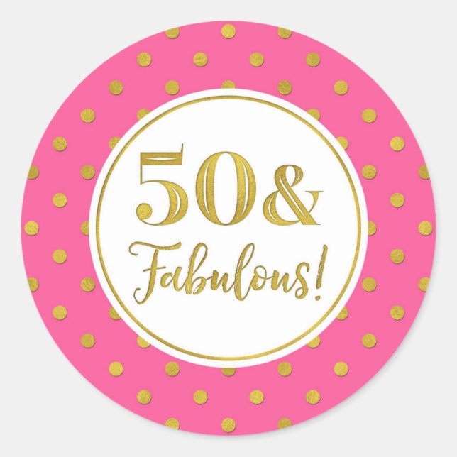 50 & Fabulous Birthday Pink White Gold Dots Class Runder Aufkleber (Vorderseite)