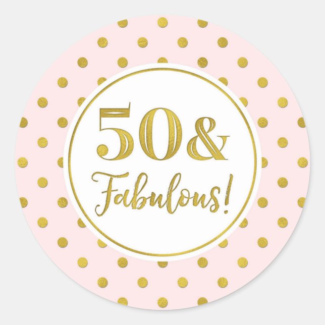 50 & Fabulous Birthday Pink White Gold Dots Class Runder Aufkleber (Vorderseite)