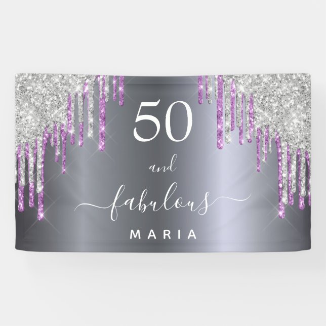 50 fabulous birthday silver purple glitter glaser banner (Horizontal)