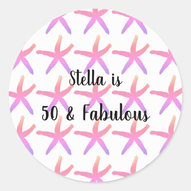 50 & Fabulous Birthday Starfish Patterns Pink 2024 Runder Aufkleber (Vorderseite)