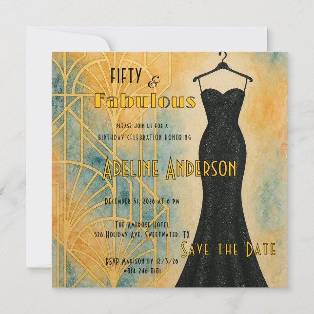 50 Fabulous Black Gold Art Deco Save The Date Card (Devant)
