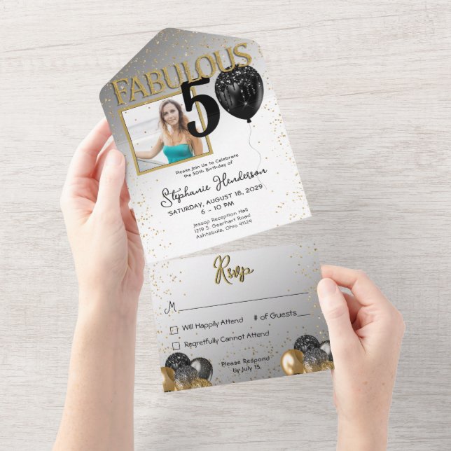 50 & Fabulous Black Gold Glam All in One Einladung (Abreißen)