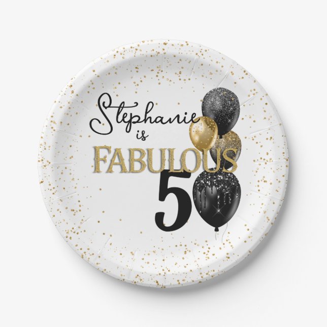 50 & Fabulous Black Gold Glam Birthday Paper Plate Pappteller (Vorderseite)