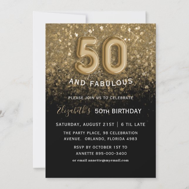 50 & Fabulous Black & Gold Glitzer Geburtstag Einladung (Vorderseite)