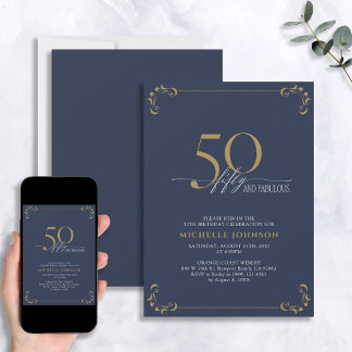 50 & Fabulous Blue & Gold Calligraphie Geburtstag Einladung