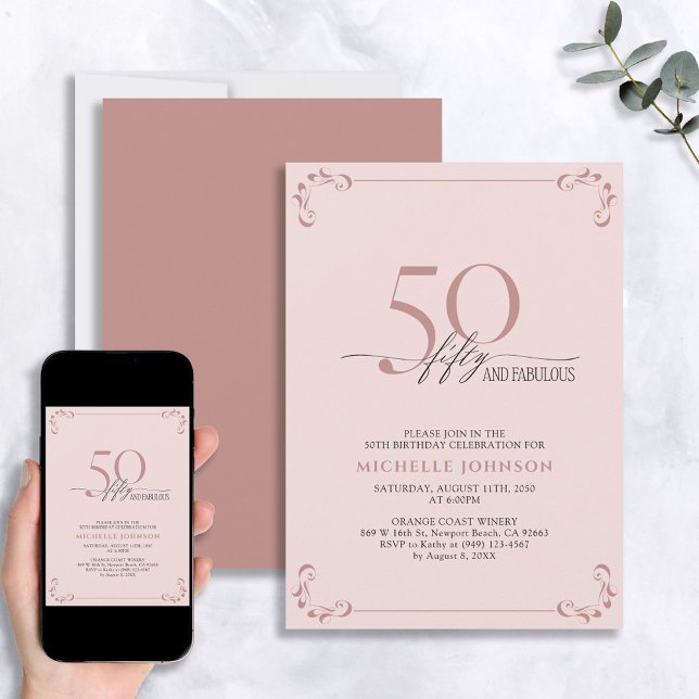50 & Fabulous Blush Pink & Black Birthday Invitati Einladung (Von Creator hochgeladen)