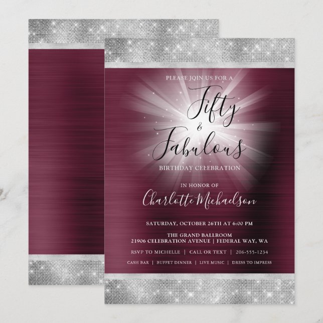 50 & Fabulous Burgundy Silver Sparkle Glam Einladung (Vorne/Hinten)