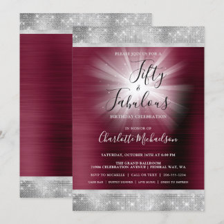 50 & Fabulous Burgundy Silver Sparkle Glam Einladung