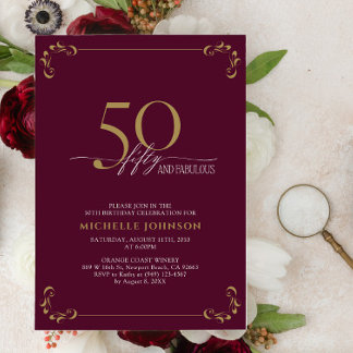 50 & Fabulous Burgundy White & Gold Geburtstag Einladung