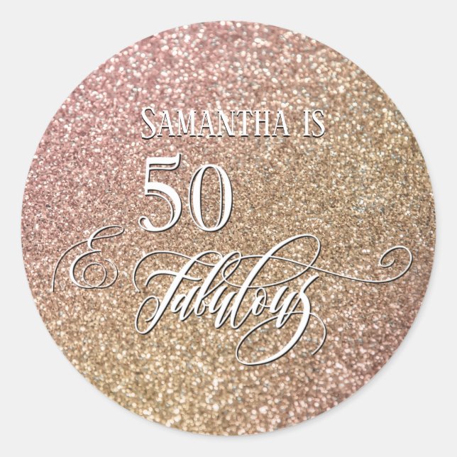 50 & Fabulous Calligraphy on Ombre Glitzer Runder Aufkleber (Vorderseite)