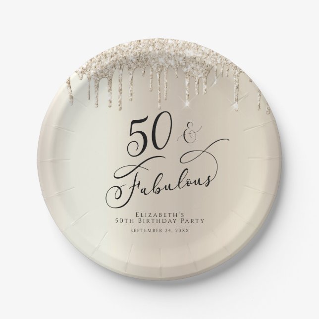 50 Fabulous Champagner Gold Glitzer Personalisiert Pappteller (Vorderseite)