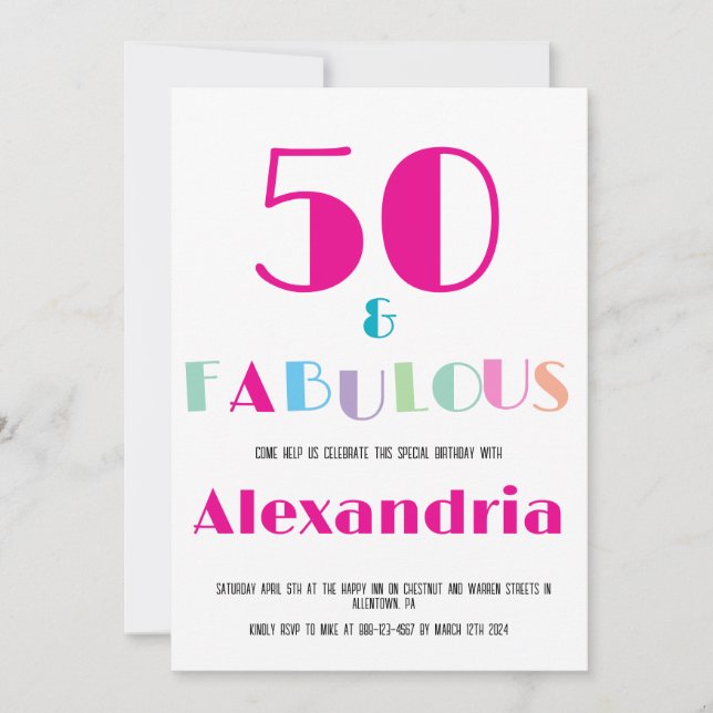 50 & Fabulous Colorful Modern Birthday Invitation Einladung (Vorderseite)