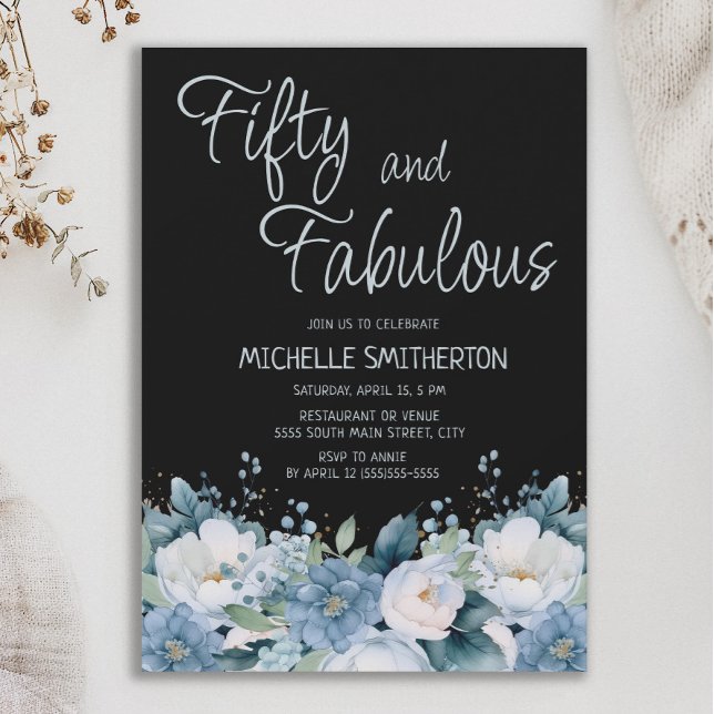50. Fabulous Dusty Blue White Floral Black 50. Einladung (Dusty blue floral on black "Fifty and Fabulous" 50th birthday party invitation.)