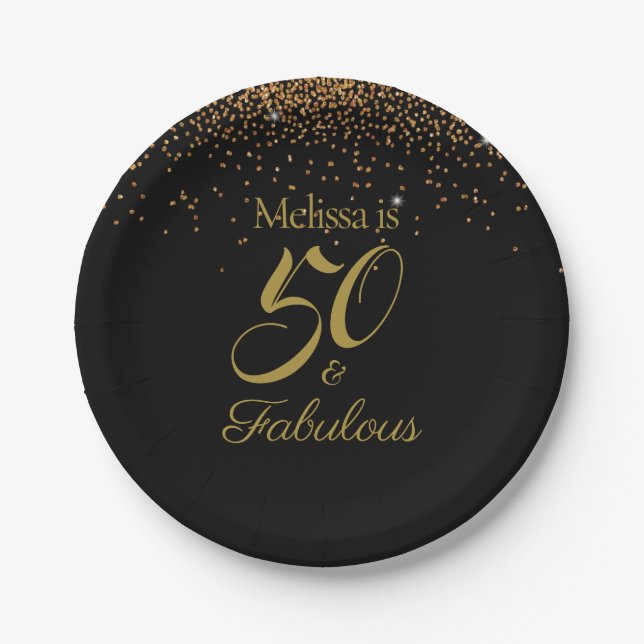 50 & Fabulous Elegant Black Gold Personalize Pappteller (Vorderseite)