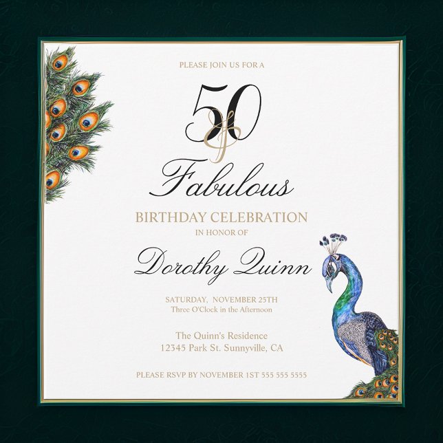 50 & Fabulous Elegant Watercolor Peacock Geburtsta Einladung (Von Creator hochgeladen)