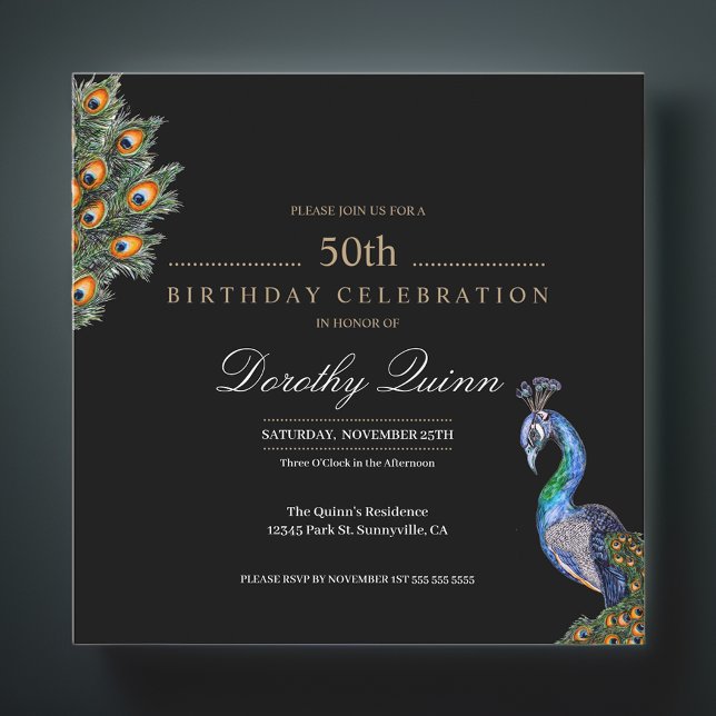50 & Fabulous Elegant Watercolor Peacock Geburtsta Einladung (Von Creator hochgeladen)