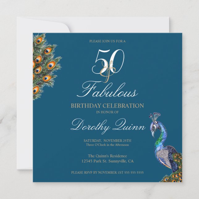 50 & Fabulous Elegant Watercolor Peacock Geburtsta Einladung (Vorderseite)