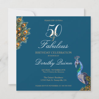 50 & Fabulous Elegant Watercolor Peacock Geburtsta Einladung