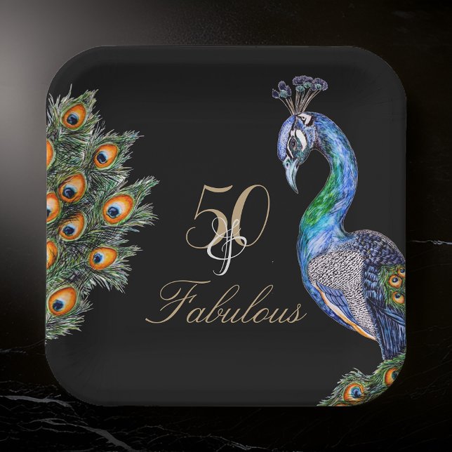 50 & Fabulous Elegant Watercolor Peacock Geburtsta Pappteller (Von Creator hochgeladen)