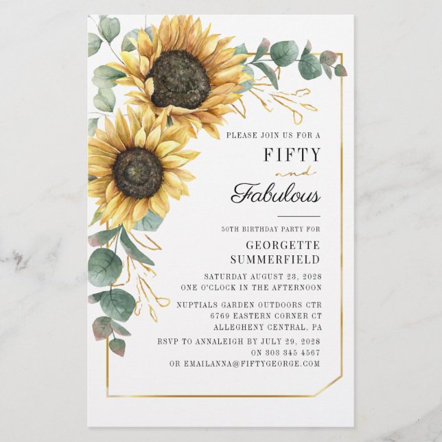 50 Fabulous Eukalyptus Sunflower Birthday Einladun Briefpapier (Vorderseite)