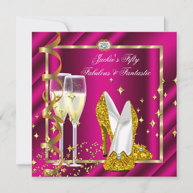 50 & Fabulous Fantastic Pink Yellow Gold Geburtsta Einladung (Vorderseite)