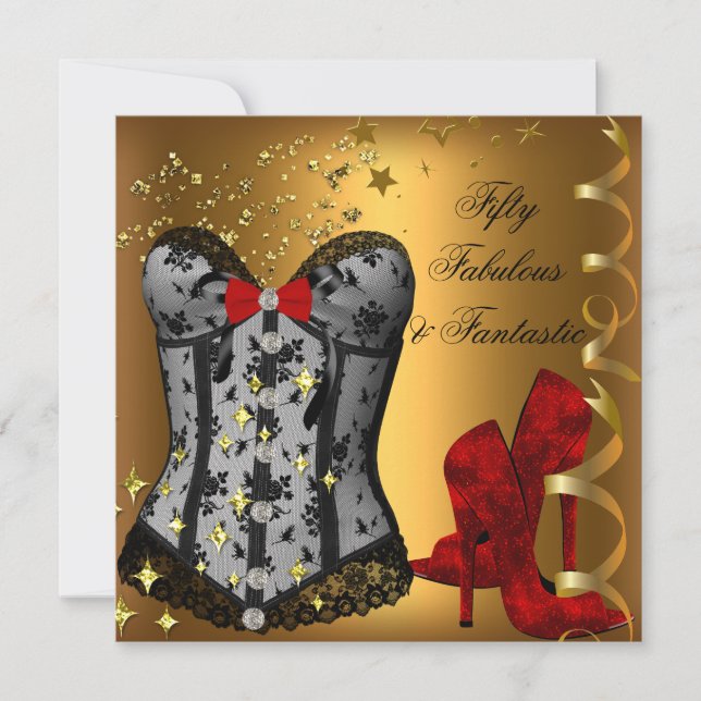 50 & Fabulous Fantastic Red Black Gold Geburtstag Einladung (Vorderseite)
