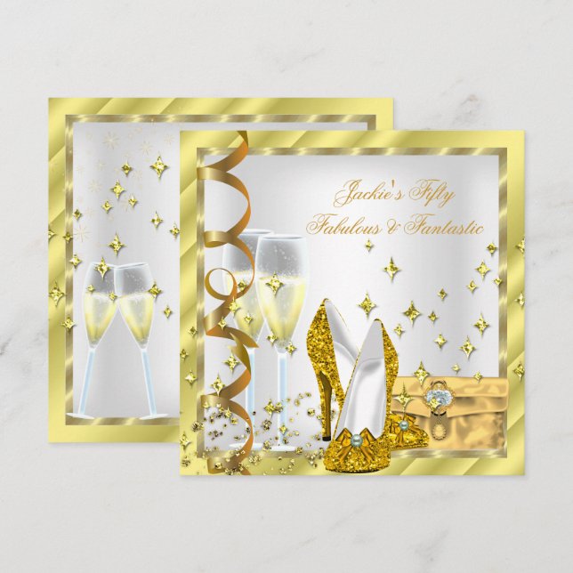 50 & Fabulous Fantastic White Yellow Gold Geburtst Einladung (Vorne/Hinten)