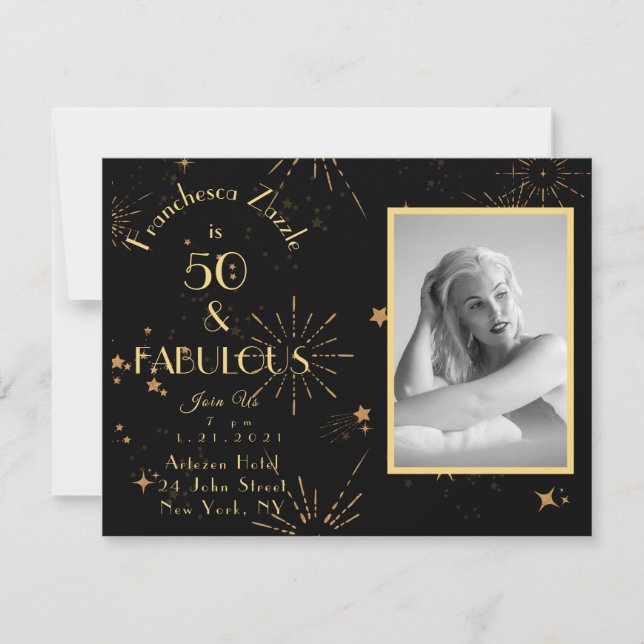 50 Fabulous Feuerwerk Gold schwarz Einladung (Vorderseite)