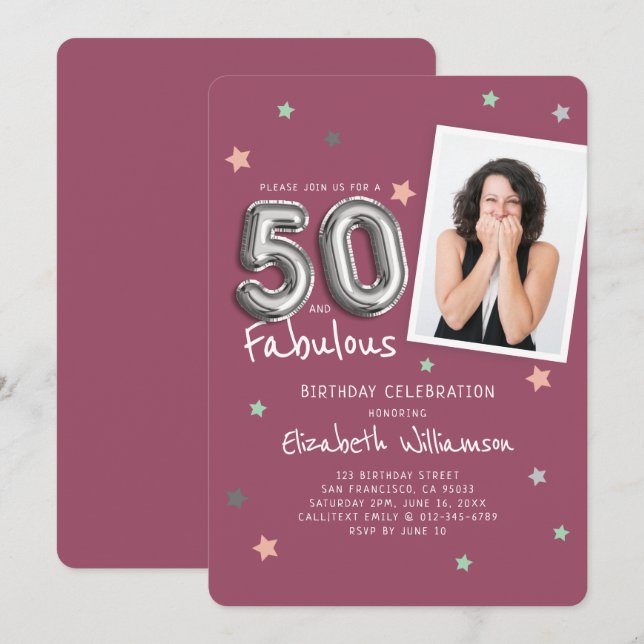 50 & Fabulous Foil Balloon Stars Foto Geburtstag Einladung (Vorne/Hinten)