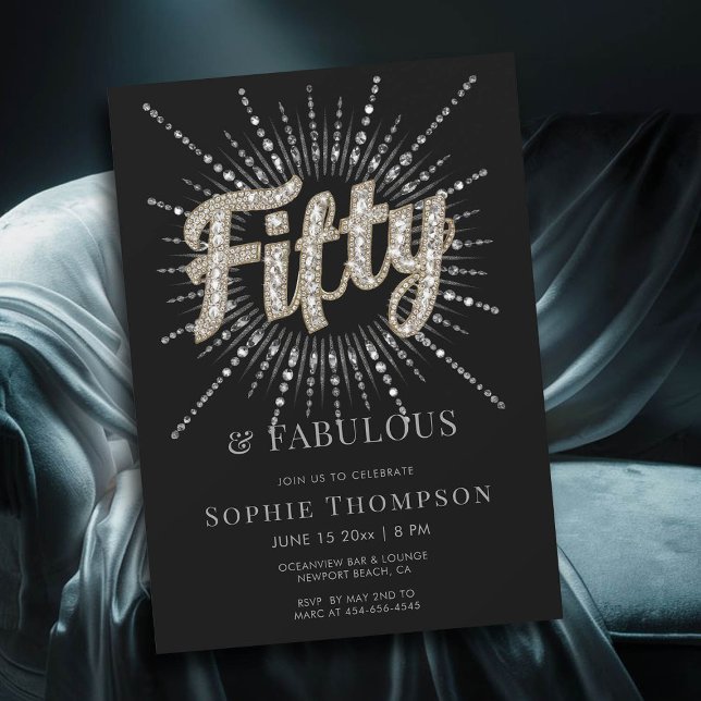 50 Fabulous Glam Glitzer Burst Black 50. Geburtsta Einladung (50 and fabulous glitter glam modern black invitation)