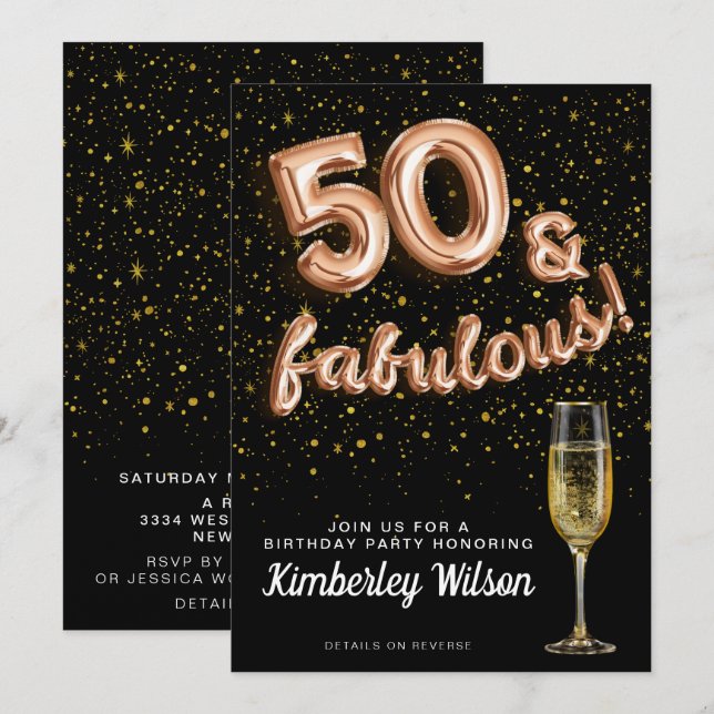 50 & Fabulous Glitzer Black Rose Gold Ballon Typ Einladung (Vorne/Hinten)