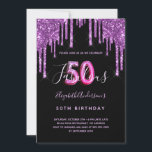 50 & Fabulous Glitzer tropfend schwarze lila Glam Einladung<br><div class="desc">Eine mädchenhafte und weibliche 50 & fabelhafte Geburtstagsfeier. vorne: Ein schicker schwarzer Hintergrund. Dekoriert mit dunklen lila Imitaten Glitzer Tropfen, Farbe Tropflook. Personalisieren und fügen Sie einen Namen und Party-Details hinzu. Der Name wird mit einem handgeschriebenen Stilskript geschrieben, mit lila, hellen Buchstaben. Alter: 50 Jahre mit einem angesagten Schriftart im...</div>