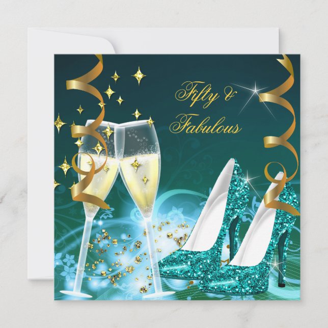 50 & Fabulous Gold Aquamarin Glitzer Heelse Party Einladung (Vorderseite)