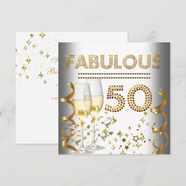 50 fabulous Gold Champagner Einladung (Vorne/Hinten)