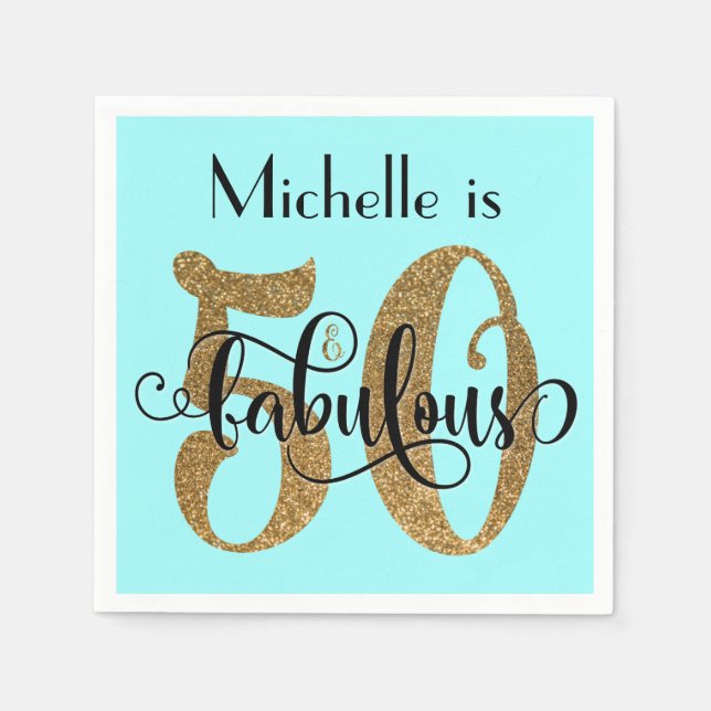 50 & Fabulous Gold Glitzer Birthday Light Aqua Serviette (Vorderseite)