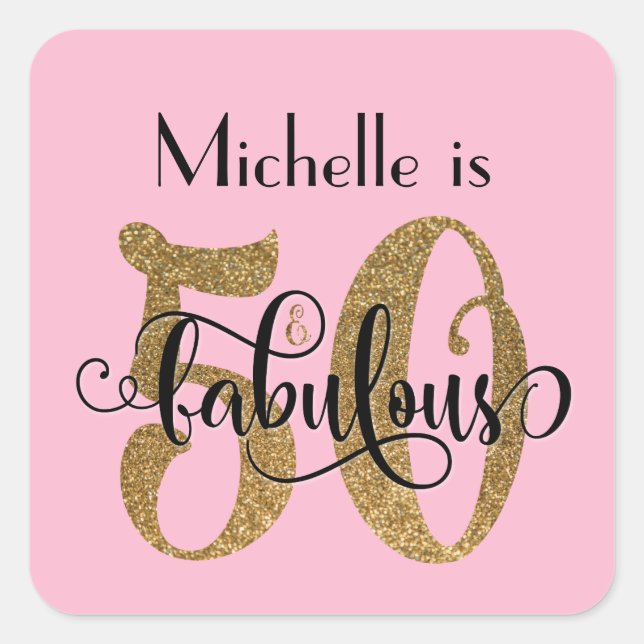 50 & Fabulous Gold Glitzer Birthday Light Pink Quadratischer Aufkleber (Vorderseite)
