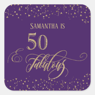 50 & Fabulous Gold Glitzer Confetti, Deep Lila Quadratischer Aufkleber