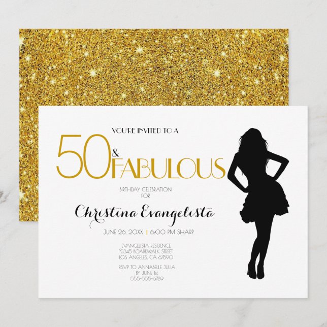 50 & Fabulous Gold Glitzer mit moderner Silhouette Einladung (Vorne/Hinten)