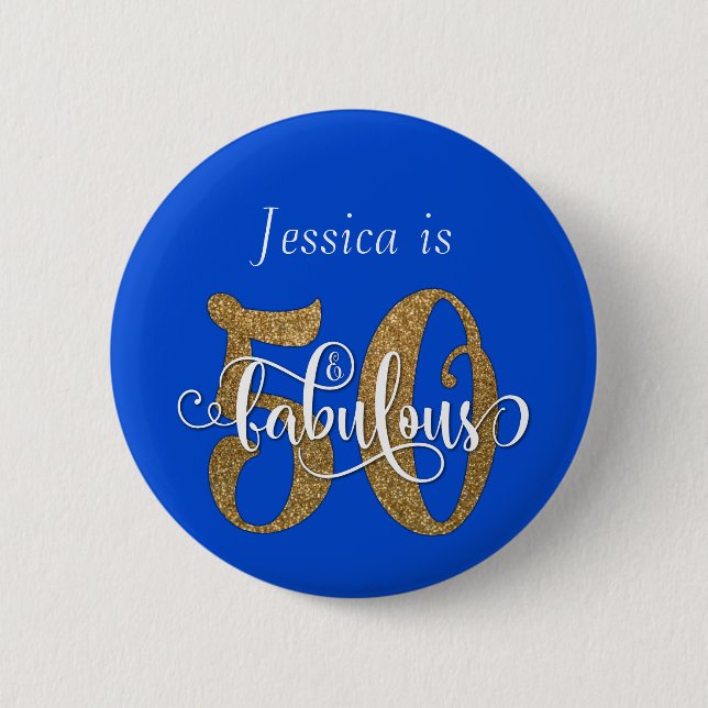 50 & Fabulous Gold Glitzer Typografie Royal Blue Button (Vorderseite)