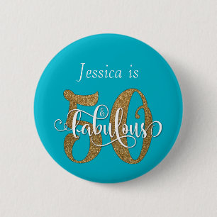 50 & Fabulous Gold Glitzer Typografie Scuba Blue Button