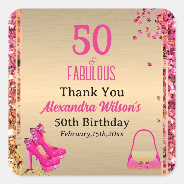 50 & Fabulous Gold Hot Pink Glittery High Heels Quadratischer Aufkleber (Vorderseite)