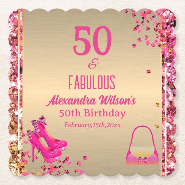 50 & Fabulous Gold Hot Pink Glittery High Heels Untersetzer (Vorderseite)