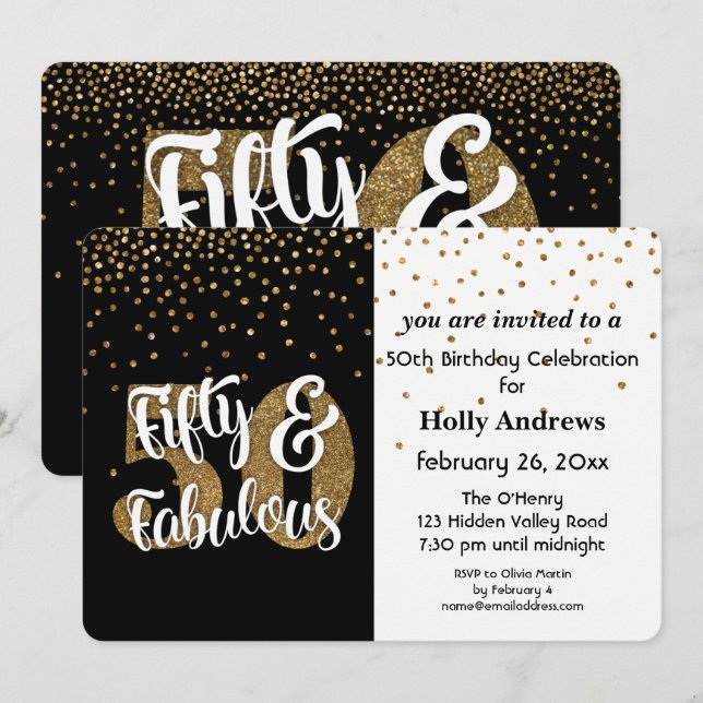 50 & Fabulous Gold Imitats Glitzer Geburtstagspart Einladung (Vorne/Hinten)