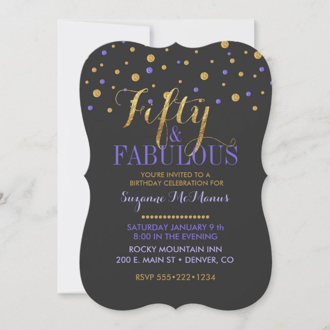 50 & Fabulous Gold & Lila Confetti Dots Einladung (Vorderseite)