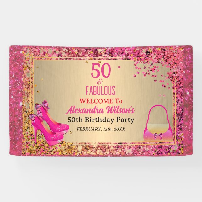 50& Fabulous High Heels Gold Hot Pink Glitzer Glam Banner (Horizontal)