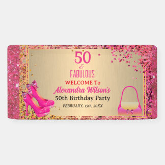50& Fabulous High Heels Gold Hot Pink Glitzer Glam Banner