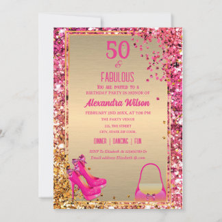 50 & Fabulous High Heels Gold Pink Glittery Glam Einladung