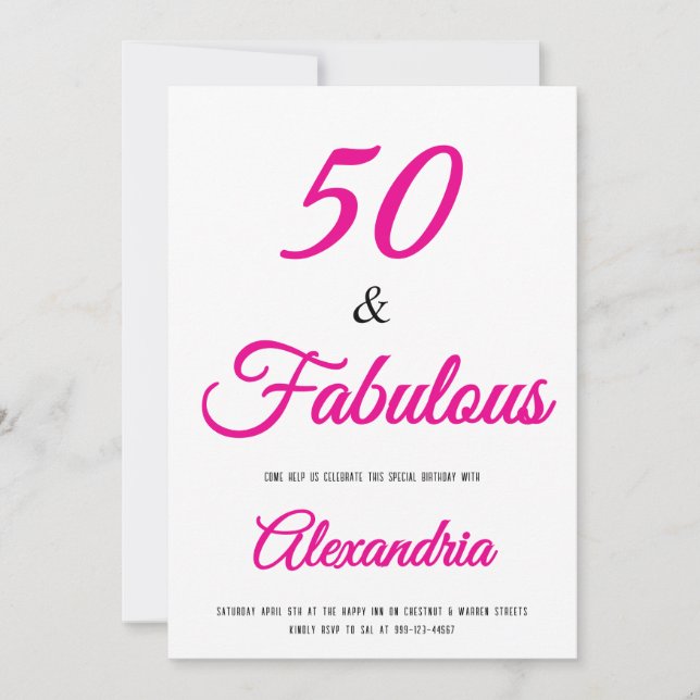  50 & Fabulous Hot Pink Black 50th Birthday  Einladung (Vorderseite)